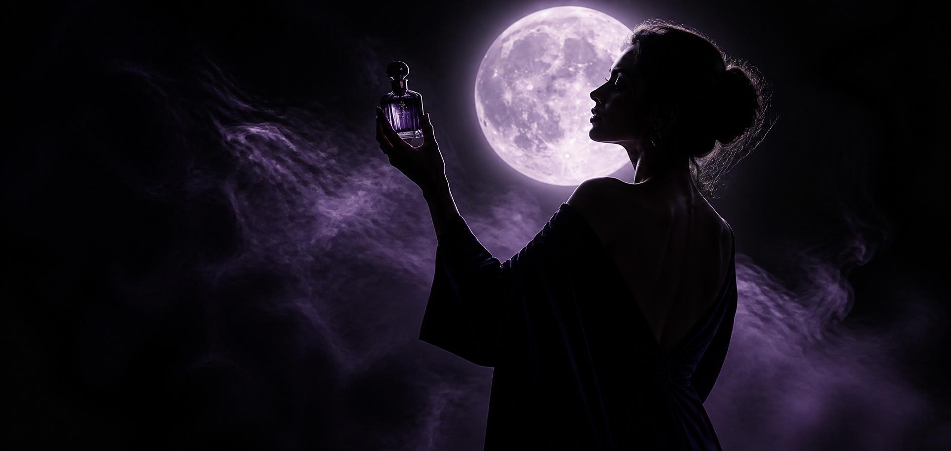 A silhouette lifts a perfume flacon to a full violet moon