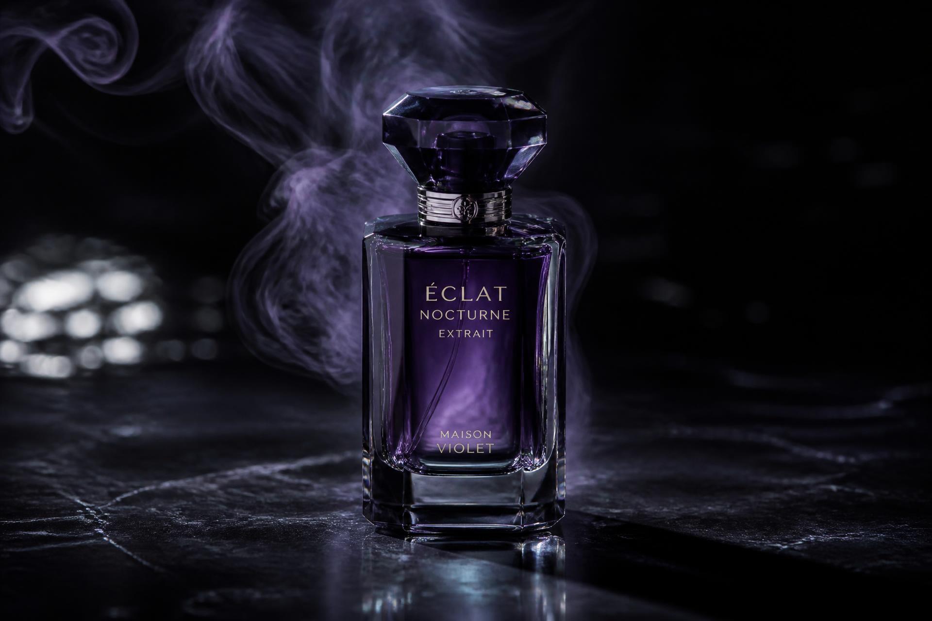 Éclat Nocturne Extrait — a violet crystal flacon under moonlight